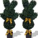 BLONYUVC Easter Bunny Topiary 36'' Artificial Bunny-Shaped Topiary Double Ball Tree Pot Easter UV-Resistant Bowknot Faux Boxwood Topiaries Plant for Porch Decor Outdoor/Indoor 2 Pack