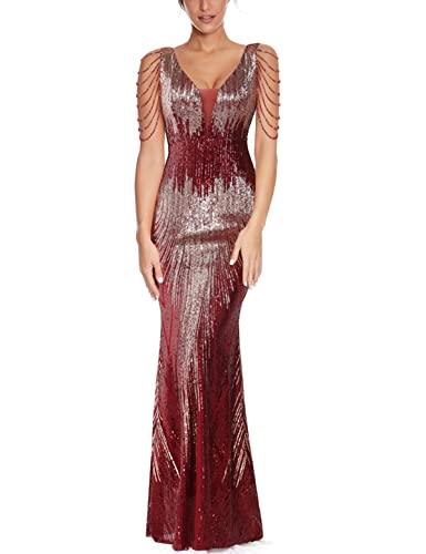Women 1920s Plus Size Formal Dress Tassels Sleeve Sequins Gatsby Maxi Evening Gown(Wine,XL)