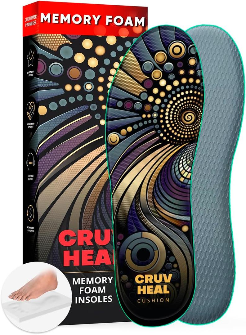 CRUVHEAL Memory Foam Shoe Inserts - for Men and Women - Extra Cushion Insoles - Soft and Comfortable (Men 15 - Women 16) (Multicolor)