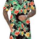 Men's Vacation Beach Outfits 2 Piece Shorts Set Tropical Floral Hawaiian Button Down Shirt and Shorts, Large