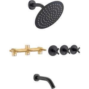 PROOX 3 Handle Tub Shower Faucet Set, 8" Rainfall Shower Head with Tub and Shower Trim Kit with Rough-in Valve, Matte Black Bathtub Shower Faucets, Wall Mounted Bathroom Rain Shower System