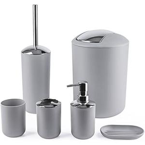 Papillon Bathroom Accessories - 6 Piece Plastic Gift Toothbrush Holder,Toothbrush Cup,Soap Dispenser & Dish,Toilet Brush Holder,Trash Can,Tumbler Straw Set (Gray)