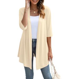 Womens Lightweight Open Front Cardigan Casual Loose Knit 3/4 Sleeves Fall Outwear Fashion (X-Large, Beige)