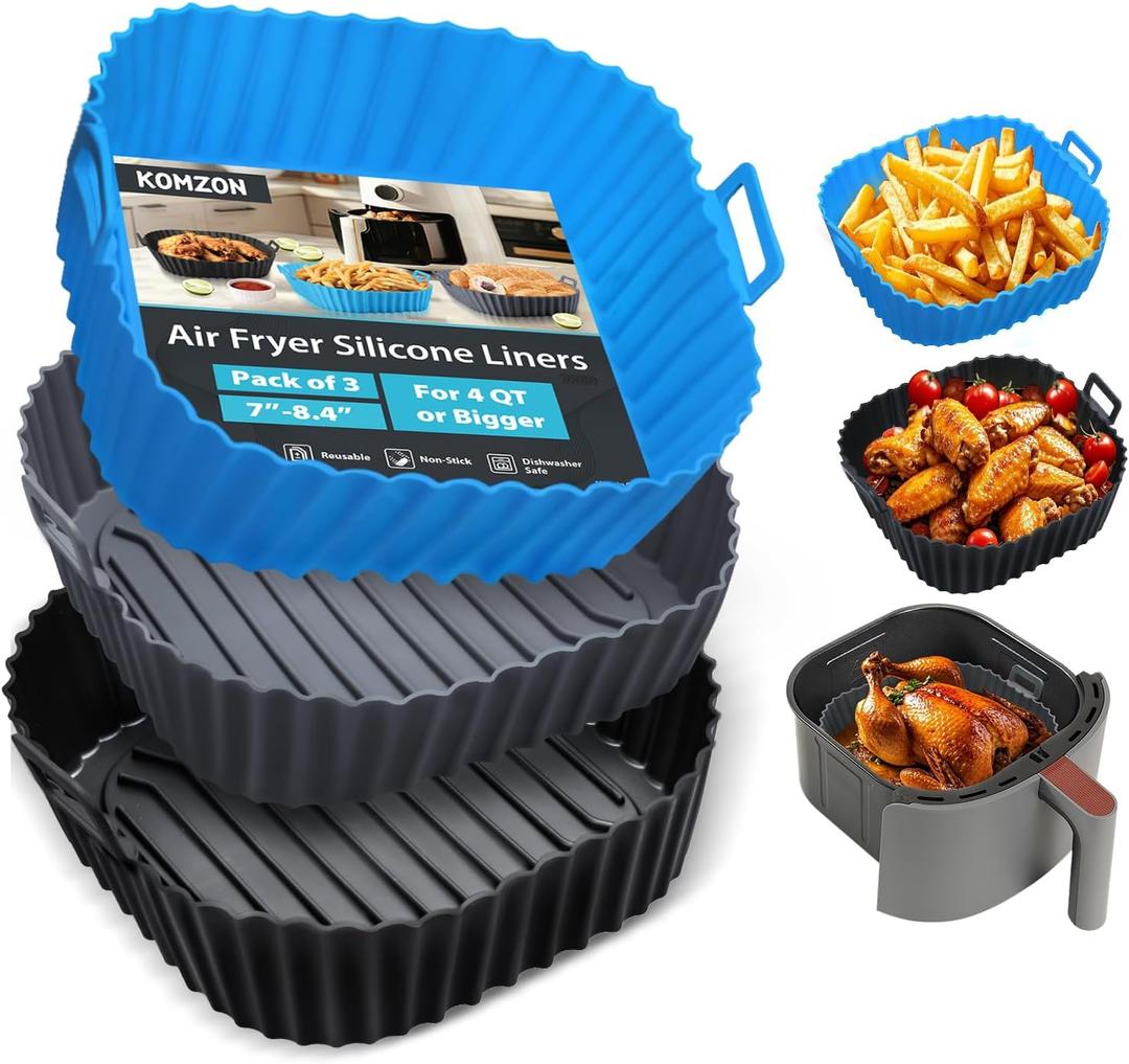 Komzon Silicone Air Fryer Liners Reusable 3 PCS, Airfryer Liners, Silicone Air Fryer Basket Liners Square, Food Grade AirFryer Accessories 4-7 QT, Ktchen Gadgets for Pot Oven Liner Baking Tray Pan (Black+Brown+Blue)