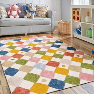 jinchan Macy 4x6 Area Rug for Kids Room Modern Colorful Checkered Diamond Nursery Rug Indoor Washable Soft Non Slip Carpet for Playroom Classroom Bedroom Dorm Daycare Living Room Circus on Cream