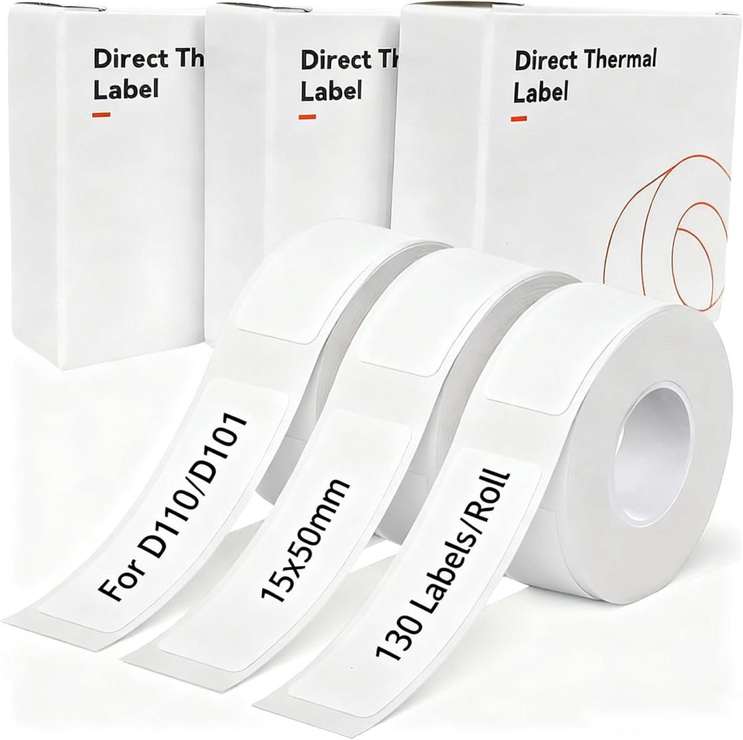 3 Rolls 15x50mm (0.59"x1.96") Thermal Label Maker Paper, Adapted Label Print Paper for D11 D110 D101 Label Printer, Multi-Purpose Thermal Paper Black on White, 130 Labels/Roll, White