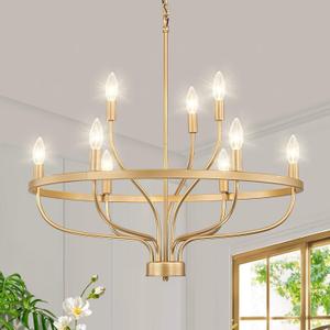 9-Light Gold Chandelier, Candle Chandeliers for Dining Room, Vintage Farmhouse Chandelier Light Fixture for Entryway, Bedroom, Foyer and Living Room