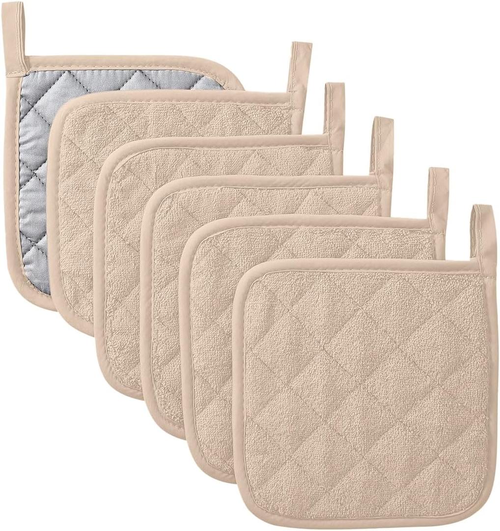 Kitchen Pot Holders Set Heat Resistant Pure Cotton Potholders Kit Trivets Large Coasters Hot Pads Terry Pot Holders for Everyday Cooking and Baking by 7 x 7 Inch Set of 6 Dark Beige