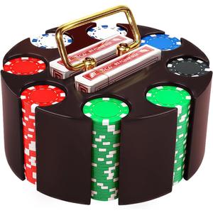 Poker Set, 200pcs 11.5gr Hefty Casino Chip Set with Solid Wooden Rotating Carousel Case and 2 Decks of Game Play Cards Kit for Beginners Casual and Professional Holdem Blackjack Poker Players