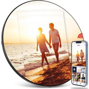 Digital Mirror Picture Frame, Touch Screen Smart WiFi Round Photo Frame Electronic, 32GB Storage, Share Photos and Video with App, Circle Vanity Mirror for Desk, Wall, Room Decor (10.1 Inch)