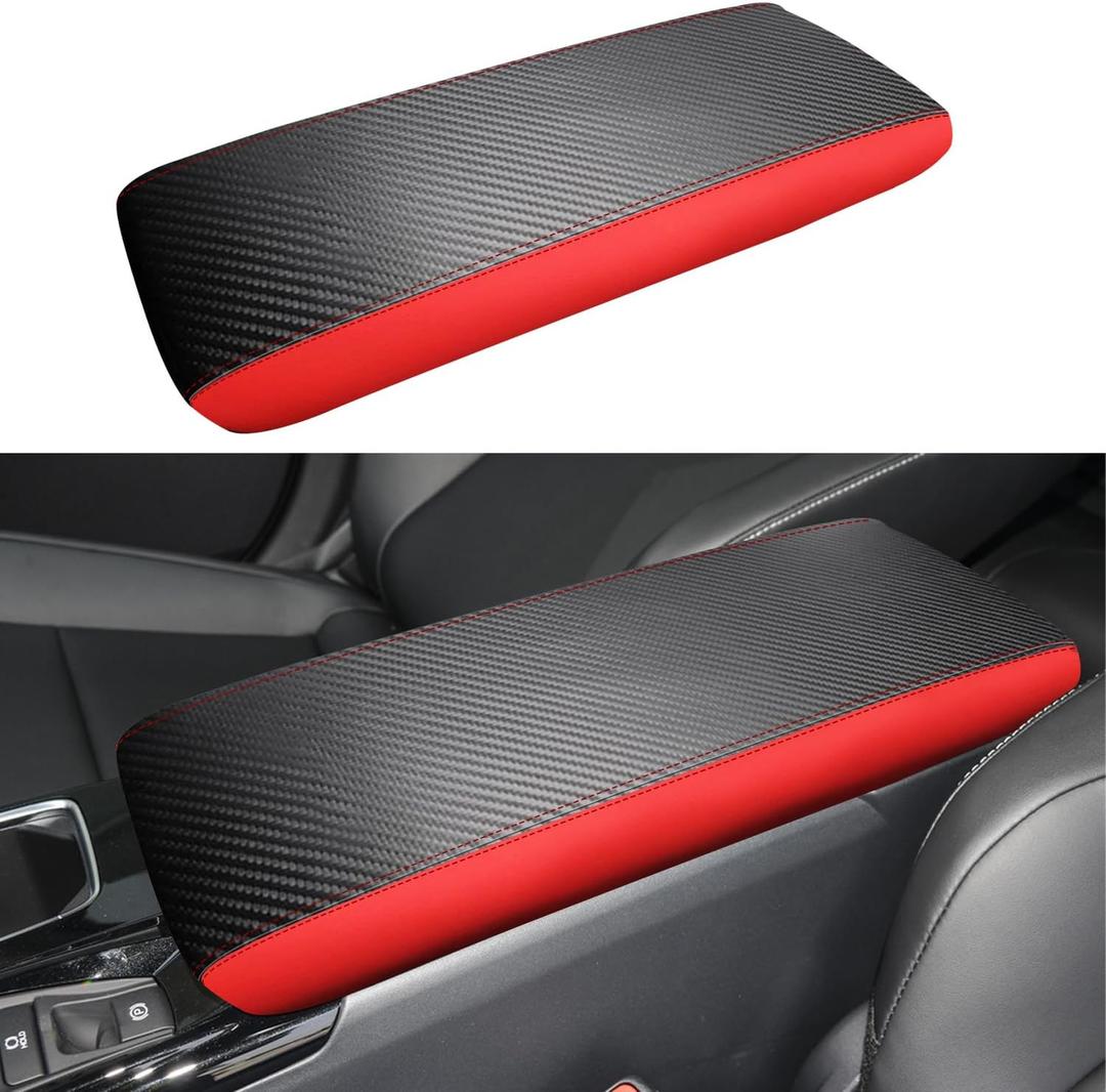 Car Center Console Armrest Cover for Toyota Camry 2025 2026 Leather Anti-Scratch Central Arm Rest Box Lid Seat Cover Protector Cushion Saver Interior Accessories(Carbon Fibre+Red)