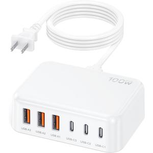 Updated USB C Fast Charger Block, 100W GaN 6 Port PD USB C QC USB A Wall Charger Adapter Plug Cube, Type C Charging Station Hub for iPhone 17 16 15 14 13 Pro Max iPad Samsung Pixel 5ft Extension Cord