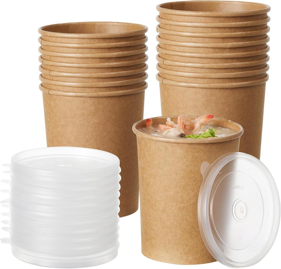 Disposable Kraft Paper Soup Cups with Lids, Paper Food Containers, Ice Cream Cups, To Go Bowls for Hot and Cold Food Combo Pack (250 Sets) (Kraft with PP Lid, 32oz)