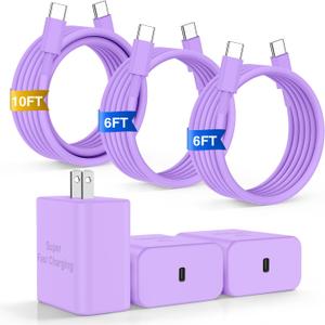 iPhone 17 16 Pro Max Charger Fast Charging, Super Fast USB C Chargers for iPhone 17(6FT+6FT+10FT) Type C Chargers Cord with Fast Charger Block for iPhone 17/16/15 series/iPad/ GalaxyS26/S25/S24 Purple