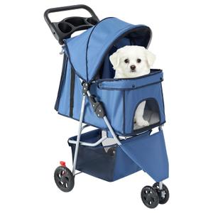 Sweetcrispy 3 Wheels Pet Stroller for Small Dogs and Cats Foldable Dog Stroller with Mesh Windows, Storage Basket & Cup Holder, Lightweight & Durable Pet Carrier for Travel, Outdoor Use, Blue