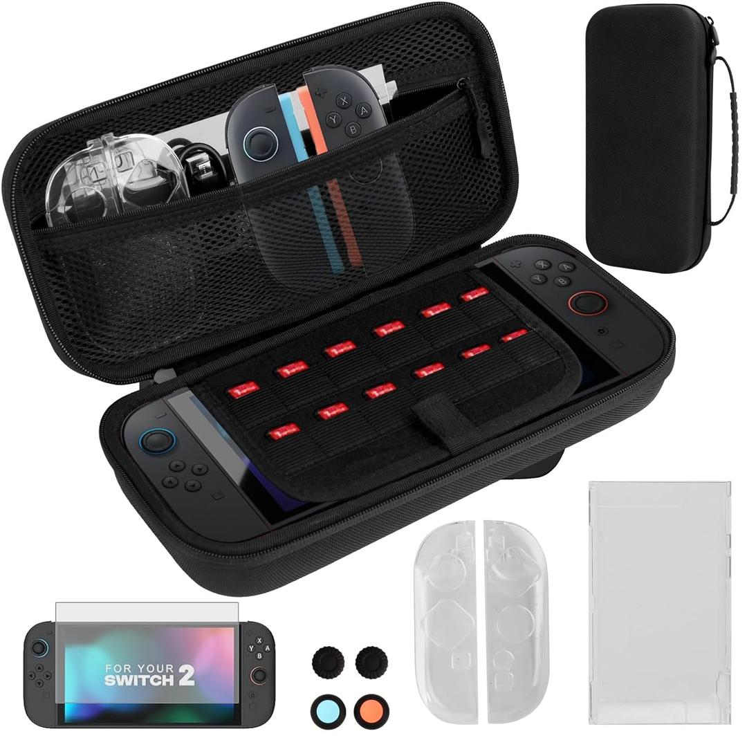 Lyvix Carrying Case for Nintendo Switch 2, Hard Shell Travel Bag with 12 Game Cartridge Holders, Accessories Kit: Clear Case, Screen Protector, Cables, Joystick Caps & Joy-Con Skins (Black)