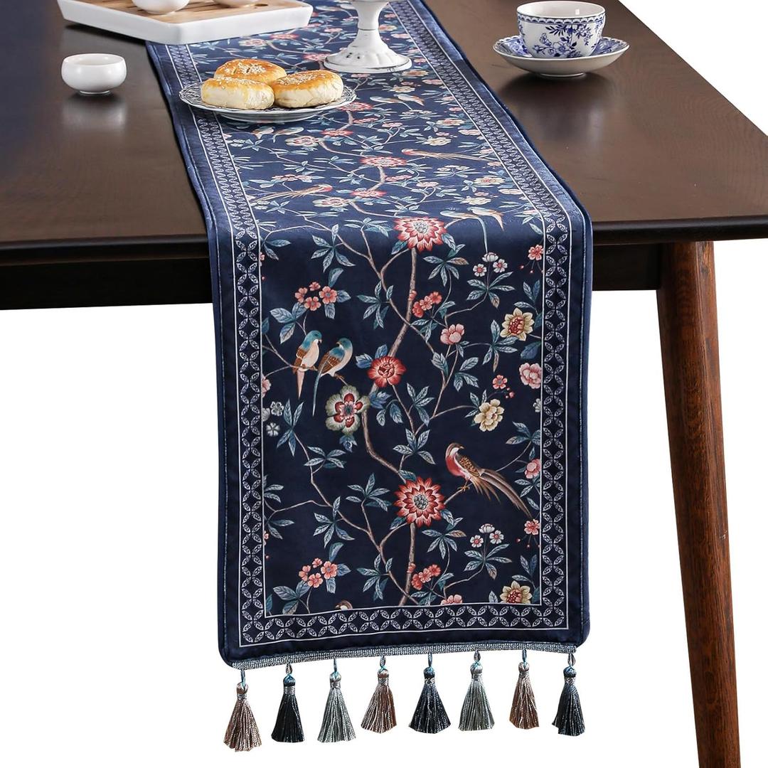 patdrea Vintage Chinoiserie Floral Table Runner Farmhouse for Home Kitchen Dining Decor Parties Family Dinners 12"*87" (Lanruoting)