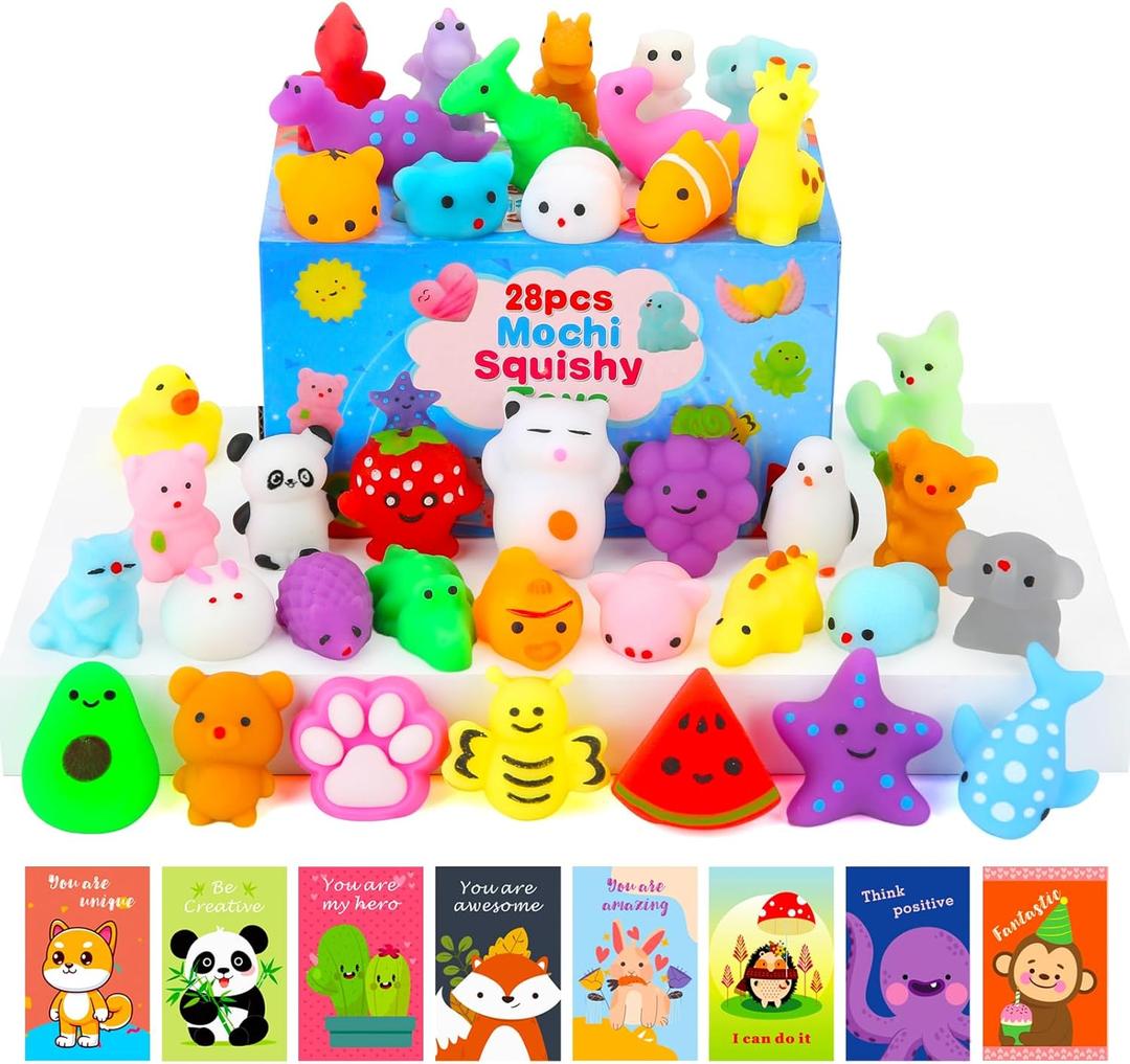 Squishy Toys, 28 Pack Squishies and Cards Party Favors for Kids 4-8 8-12 Treasure Box Classroom Prizes Mochi Squishy Cat Fidget Toys Stress Relief Goodie Bags Easter Basket Stuffers Birthday Gifts