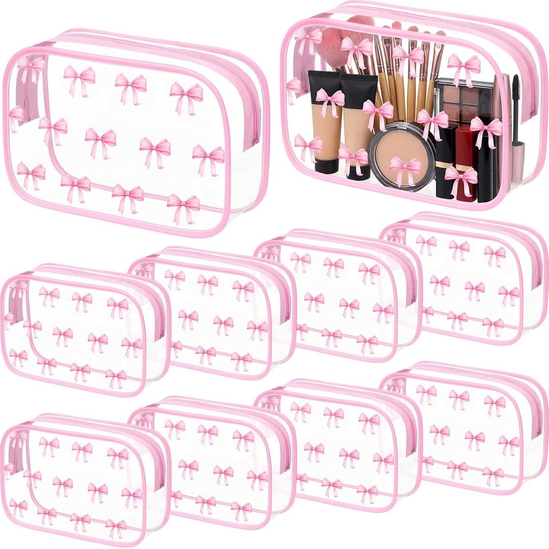 10 Pcs Pink Bow Clear Makeup Bag Coquette Cosmetic Bags PVC Travel Toiletry Preppy Portable Gift Transparent Pouch with Zipper Portable Makeup Organizer Pouch for Essentials