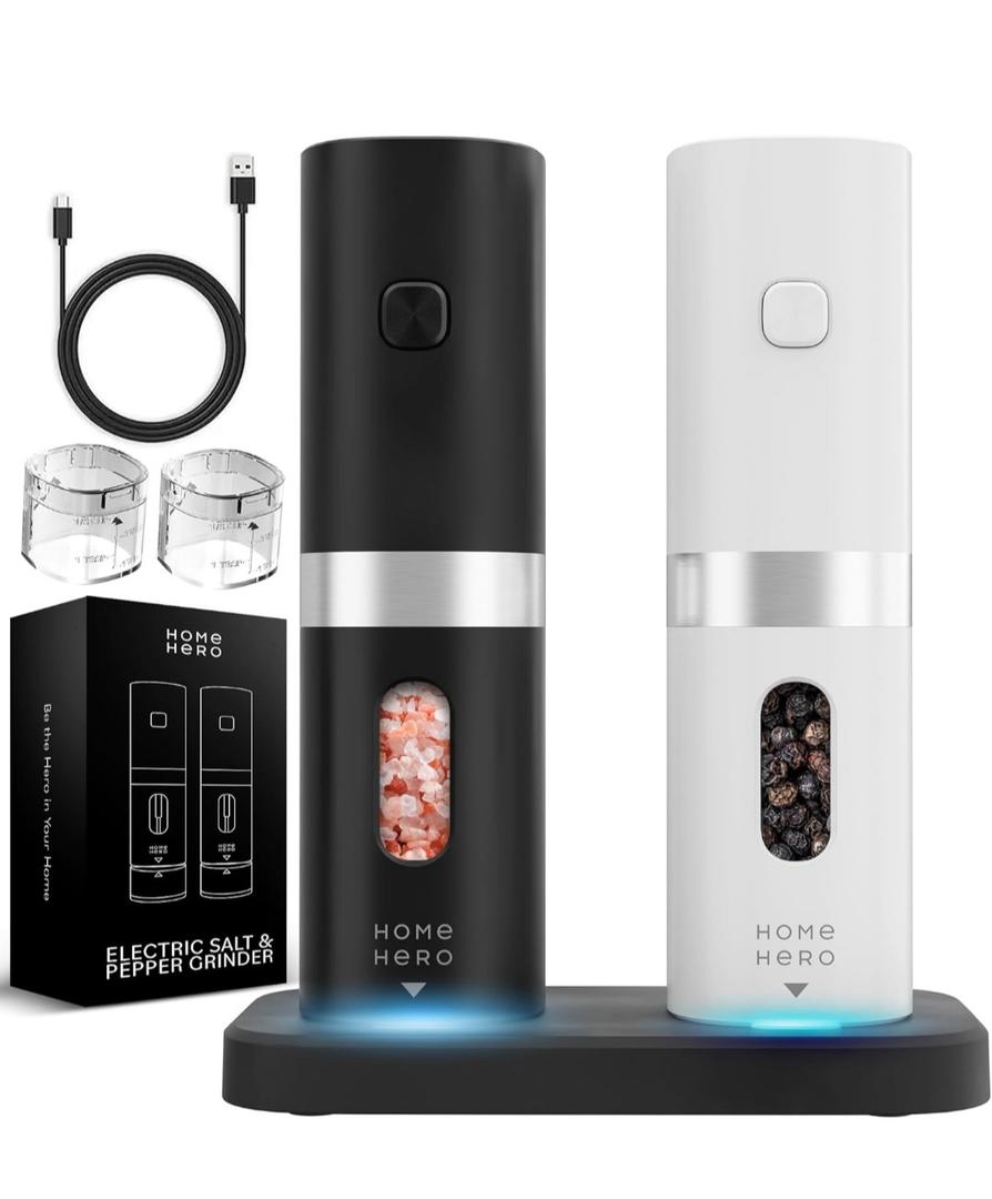 Home Hero Electric Salt and Pepper Grinder Set - Automatic Salt and Pepper Grinder Set Rechargeable. Electronic Salt and Pepper Shakers with LED Light, Electric Pepper Grinder & Salt Grinder, Set of 2