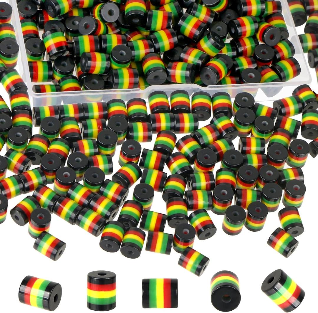 200Pcs Rasta Jamaica Beads,BENOSPACE 8mm Black Red Green Yellow Striped Cylinder Bead Black History Month Juneteenth Craft Acrylic Loose Spacer Cylinder Beads for DIY Bracelet Necklace Jewelry Making