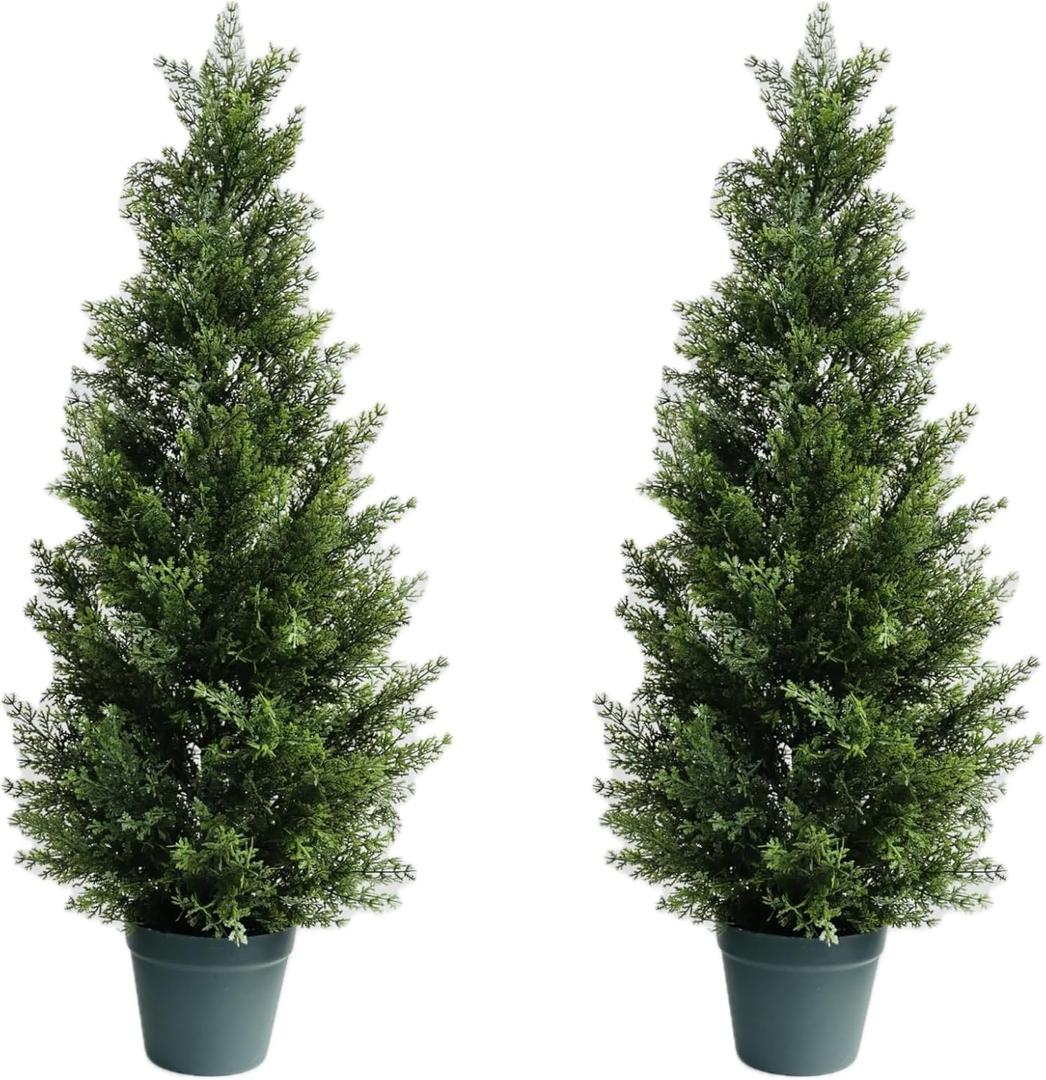 3 Feet Outdoor Artificial Topiary Cedar Tree, Set of 2 UV Resistant Potted Faux Cedar Trees for Outdoors and Indoors, Decorative Fake Shrubs Topiary Trees for Home Living Room Front Door Decor (Green)