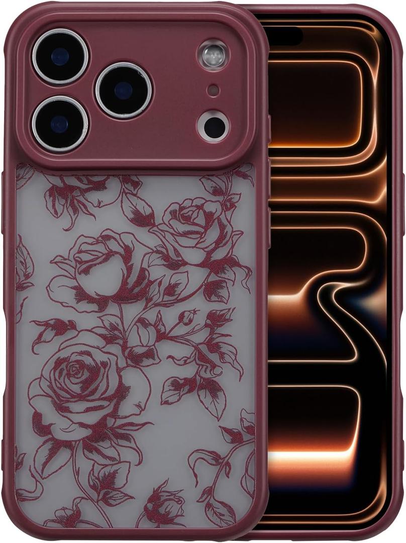 XIZYO for iPhone 17 Pro Max Case, Floral Flower Cute Aesthetic Case for Women Girls Rose Pattern Slim TPU Bumper Shockproof Protective Cover for iPhone 17 Pro Max 6.9 Inch, Branch Rose/Wine Red