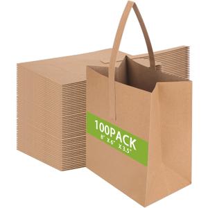 Colarr 100 Pack Small Thick Kraft Paper Gift Bags with Handles 8x6x3.5 Inch Brown Paper Grocery Bags for Small Business, Retail, Party Favors, Agricultural Products