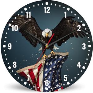 SPUNKER America Flag Eagle Wall Clocks,Patriotic Bald Eagle Wall Clock Battery Operated 10 Inch,Round Clock Silent Non-Ticking Wall Decor for Farmhouse Office Home School Living Room Bedroom