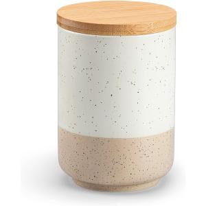 vancasso Sabine Small Ceramic Canister with Airtight Wood Lid - 18 oz Kitchen Storage for Coffee, Sugar, Tea & Spices - Compact Countertop Jar
