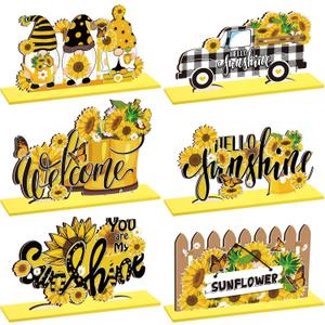 Hoolerry 6 Pcs Sunflower Wooden Table Decoration Summer Wood Centerpieces for Tables Sunflower Gnomes Tabletop Decor Hello Sunshine Welcome Centerpieces Sign for Summer Home Kitchen Decor (Yellow)