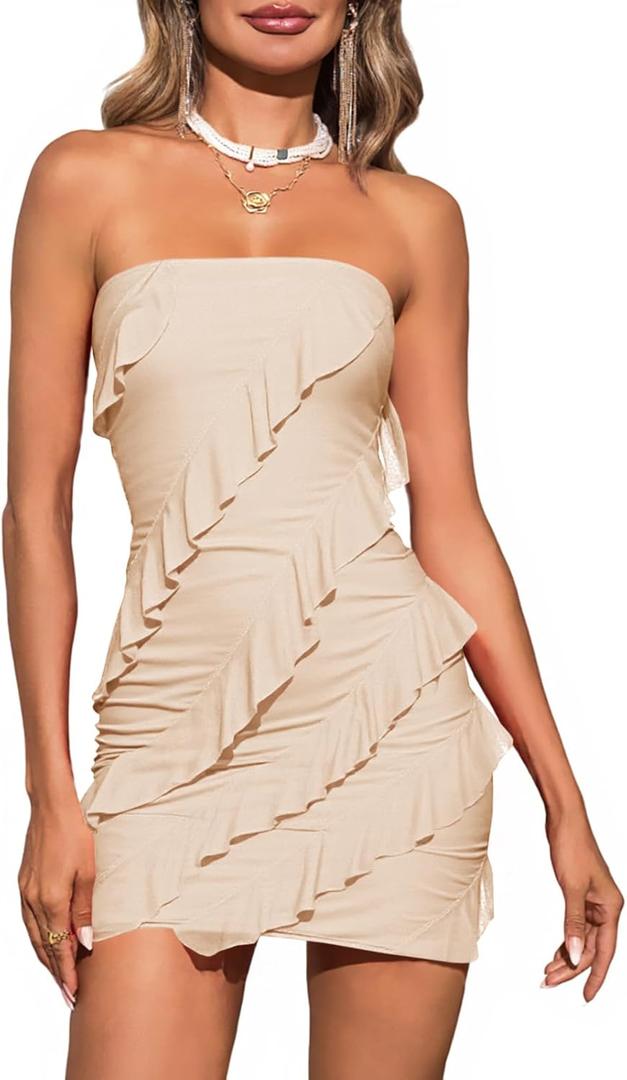Wenrine Women's Sexy Strapless Mini Dress Summer Bodycon Sleeveless Mesh Ruffle Casual Tube Top Club Party Dresses (Beige, S)
