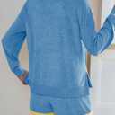 Tankaneo Womens V Neck 2 Piece Pajama Short Sets Color Block Loose Fit Long Sleeve Shirt and High Waisted Shorts Lounge Sets (Small, Blue)