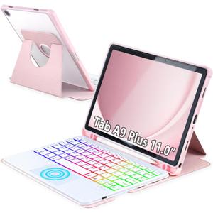 Touchpad Keyboard Case for Samsung Galaxy Tab A9 Plus 11 inch SM-X210/X215/X216, 360 Degree Rotating Cover with Color Backlight Magnetic Removable Keyboard for Tablet A9+ (Pink+White)