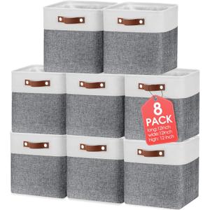 Uiifan 8 Pack 12 x 12 x 12 Inch Large Storage Baskets Collapsible Fabric Storage Cubes Bins with Handles for Shelves Closets Nursery Home Clothes Toys Organizers, Gray