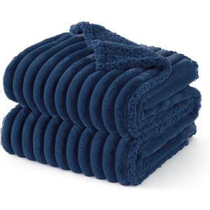 Bedsure ComfyFleece Waterproof Dog Blankets for Large Dogs - Soft Pet Cat Blanket Corduroy Fleece for Bed Protector Washable, Cozy Calming Reversible Furniture Protection,60"x80", Navy Blue