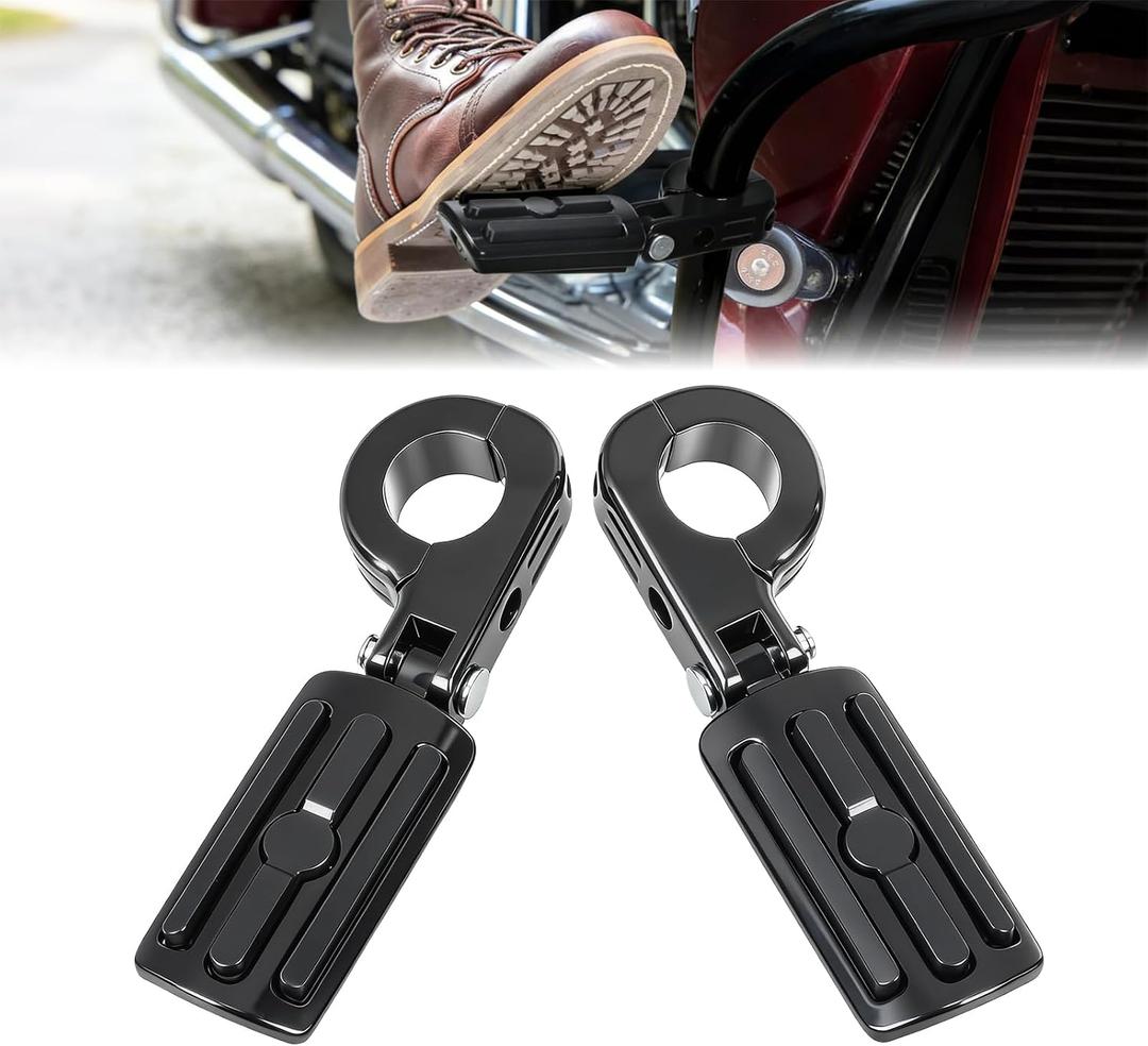 1.25" Highway Footpegs for Harley Touring Softail Dyna Sportster, Adjustable 360 Rotatable Black Motorcycle Foot Pegs, Fits 1-1/4" Engine Guard, 90 Foldable Fit for Honda Kawasaki Yamaha Indian
