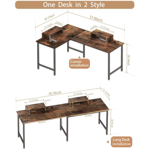 MINOSYS L Shaped Computer Desk - 58" Gaming Desk, Reversible Corner Desk, Home Office Writing Desk with Monitor Stand Shelf, Space-Saving Modern Simple Wooden Desk, Rustic Brown