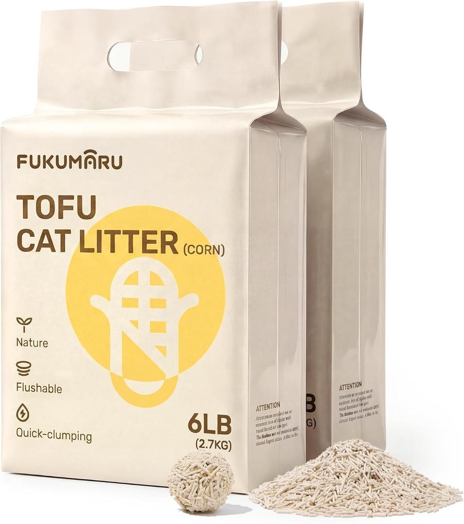 FUKUMARU Tofu Cat Litter - Septic Safe Corn Starch Blend, Flushable & Dust-Free, Quick Clumping, Superior Odor Control, Unscented, All-Natural, Low Tracking Pellets, Lightweight, 12 LBS (2 Packs)