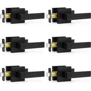 Plustool 6 Pack Matte Black Door Handles Interior, Keyless Interior Door Knobs, Privacy Door Locks for Bedroom Bathroom, Heavy Duty Square Door Lever Locksets, Reversible for Left & Right Handled Doors