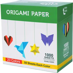 BUBU Origami Paper Kit 1000 Sheets 6 Inch Square Double Sided Color 20 Vivid Colors for Beginners Trainning and School Craft Lessons
