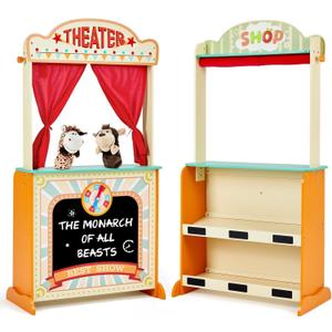 labebe - Deluxe Wooden Puppet Theater Bonus 2 Hand Puppet, 2-in-1 Clock Theater Reversible Play Store, Double-Sided Lemonade Stand, Puppet Show Theater Toy with Chalkboard for Kids 36M+