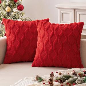MIULEE Red Christmas Throw Pillow Covers 18x18 Set of 2 Decorative Farmhouse Couch Throw Pillows Boho Shells Cute Soft Plush Wool Winter Pillowcases for Bedroom Living Room Sofa