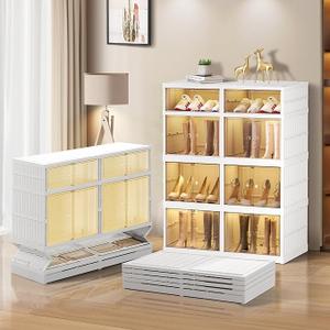 4Tier Foldable Shoe Rack Organizer for Closet No Assembly Shoe Shelf Plastic Stackable Shoes Storage Box with Clear Magnetic Door Entryway Shoe Cabinet for Sneaker High Heels (4 Tier)