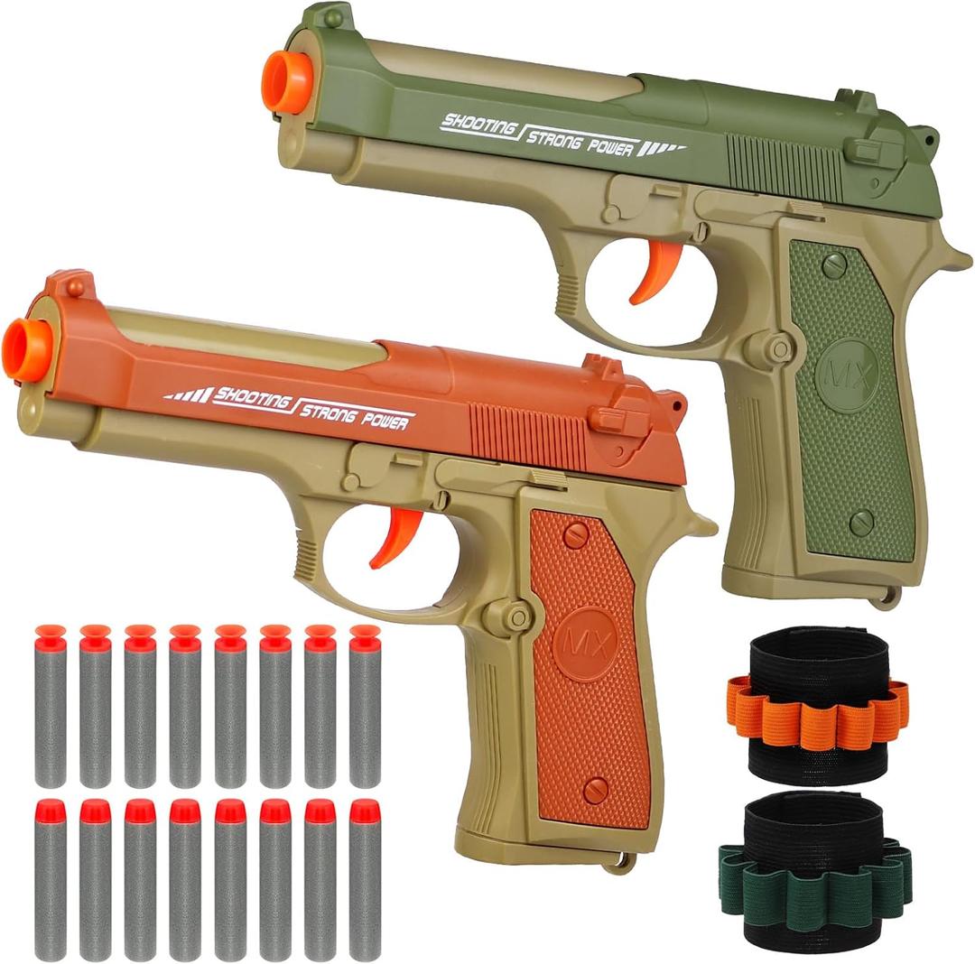 2 Pack Blaster Toy Guns for Boys Fit for Nerf Guns Darts, Small Toys Pistol for Boys Birthday Gifts, for Kids Toddlers Age 6-8 8-12 Year Olds - 16 Refill Foam Darts 2 Wristbands (Green Orange)