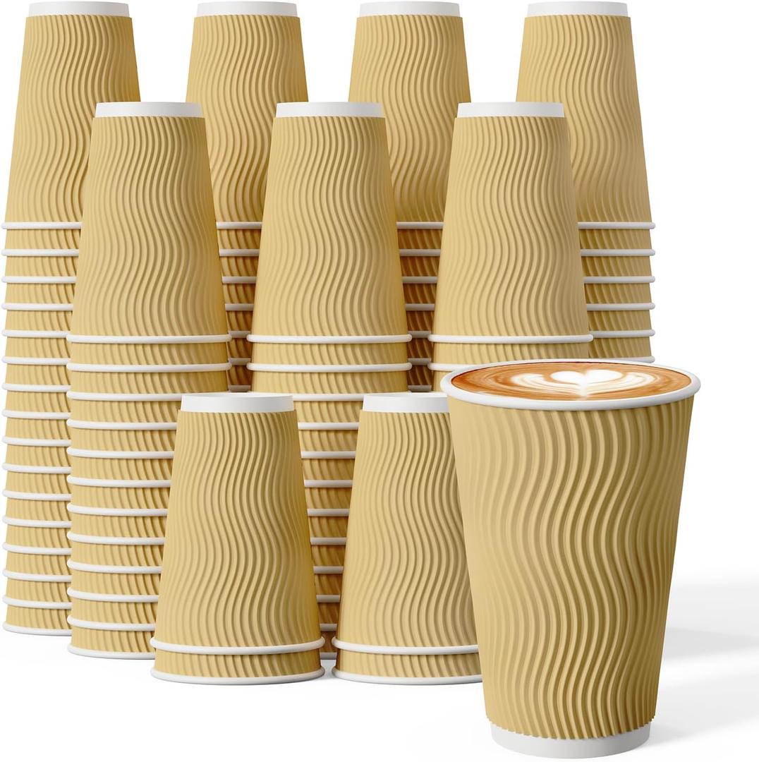90 Count 16 oz Coffee Cups, Insulated Ripple Wall Paper Hot Cups, Leak-Proof Paper Cups for Coffee, Tea, Cocoa, Perfect for Office, Party, Travel