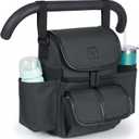 NThut Baby Stroller Organizer, Stroller Caddy Bag with 2 Wide Cup Holders & Bottle Straps, Universal Strap Fit, Fits 11" Tablet, Magnetic Pocket, Zipper & Mesh Pockets, Water Resistant 600D (Black)