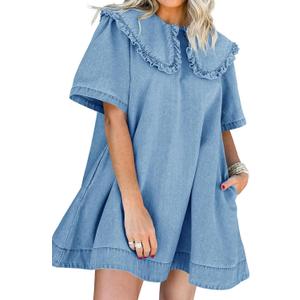 Wenrine Womens Summer Denim Mini Dress Oversized Peter Pan Collar Short Sleeve Casual Flowy Babydoll Jean Dresses (Medium, Blue)