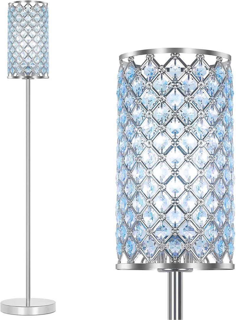 Floor Lamp for Living Room, Crystal Floor Lamp Girl Bedroom Lights, Silver Standing Lamps with Teal Shade, Elegant Standing Light Tall Pole Lamp for Bedroom, Dresser, Office (E26 Base)