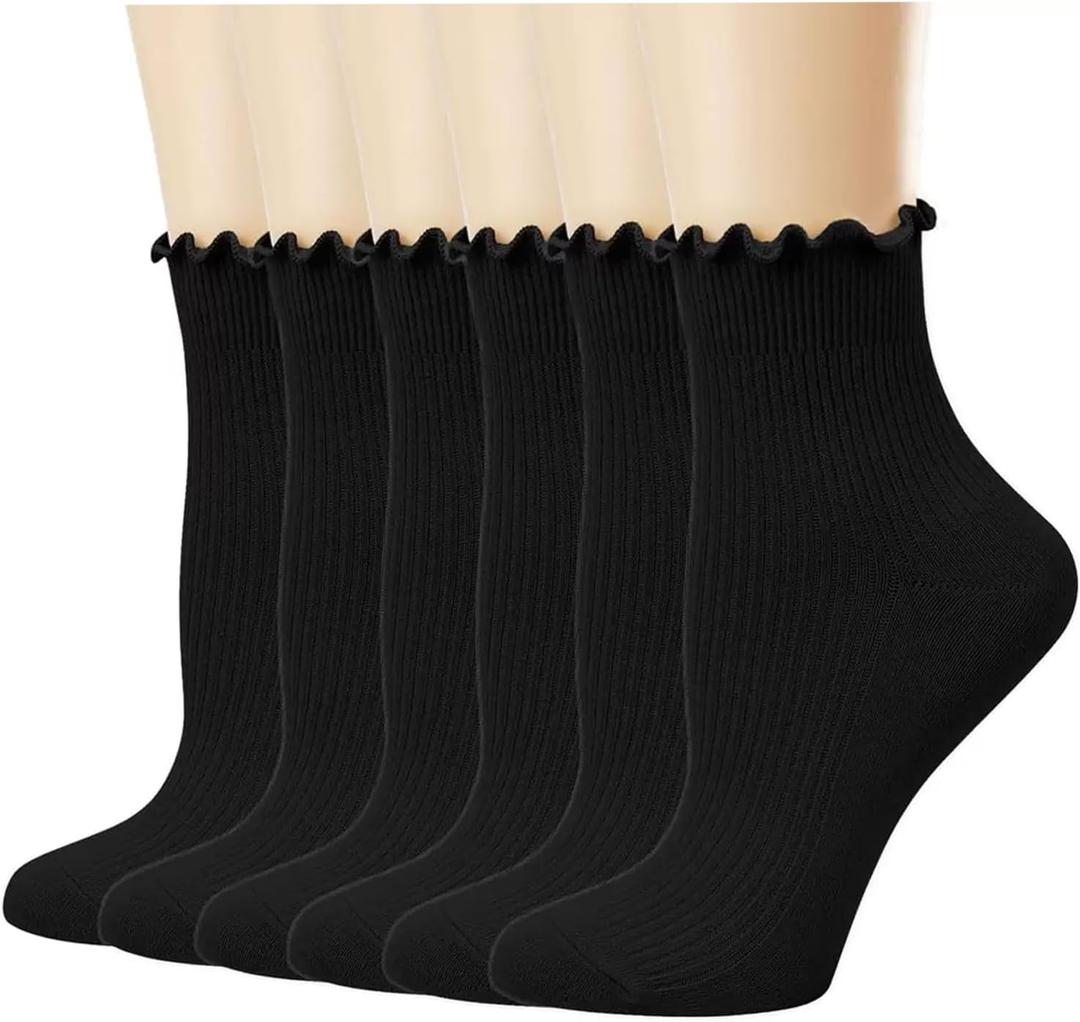 Sunporx Ruffle Ankle Socks Knit Cotton Breathable Comfortable Black Socks for Girls 6 Pack (One Size)